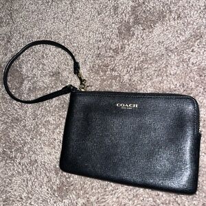 Coach Black Leather Zip Wristlet with Gold Logo